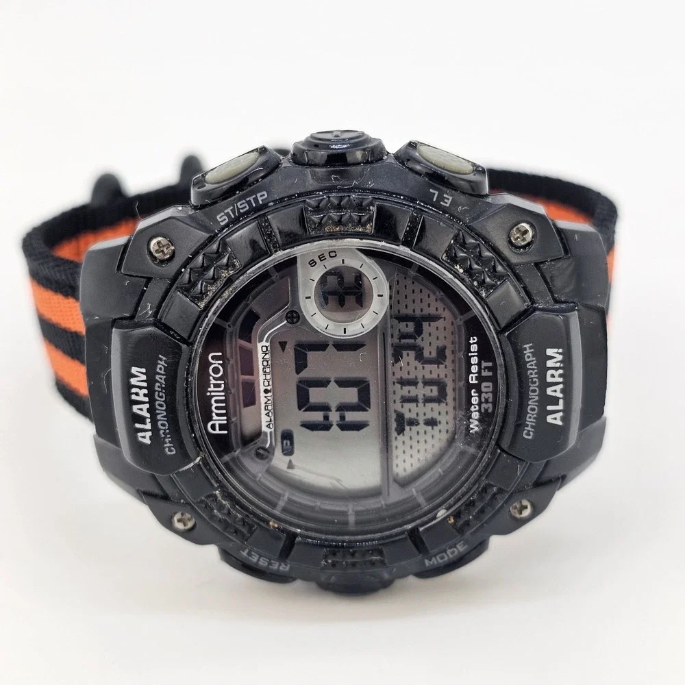 Armitron Men's Digital Sport Watch 48MM‎ Black Case NEW Orange Black Nylon Bands